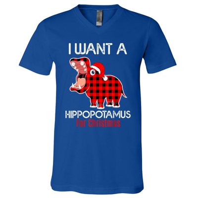 I Want A Hippopotamus For Christmas Plaid Hippo Pajamas Xmas Gift V-Neck T-Shirt