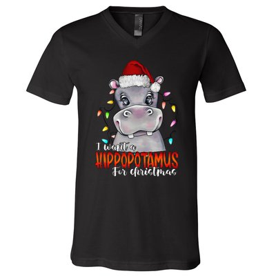 I Want A Hippopotamus For Christmas Family Hippo Christmas V-Neck T-Shirt