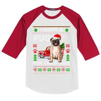 I Want A Pug For Christmas Ugly Sweater Dog Xmas Outfit Gift Kids Colorblock Raglan Jersey