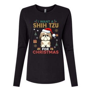 I Want A Shih Tzu For Christmas Cute Dog Lover Family Pajama Meaningful Gift Womens Cotton Relaxed Long Sleeve T-Shirt