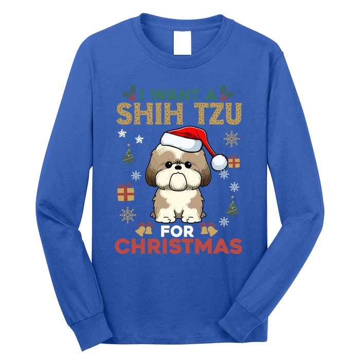 I Want A Shih Tzu For Christmas Cute Dog Lover Family Pajama Meaningful Gift Long Sleeve Shirt