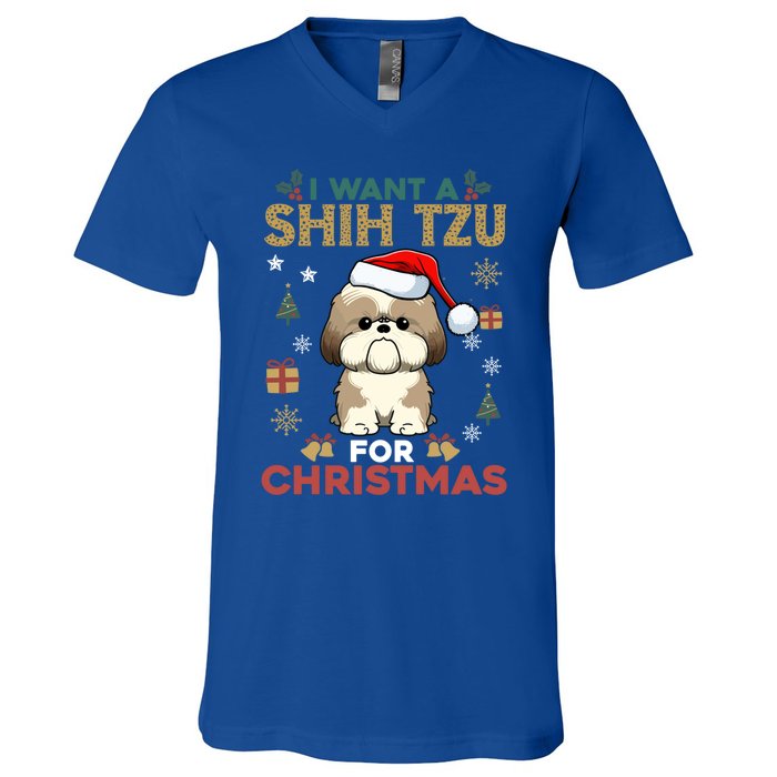 I Want A Shih Tzu For Christmas Cute Dog Lover Family Pajama Meaningful Gift V-Neck T-Shirt