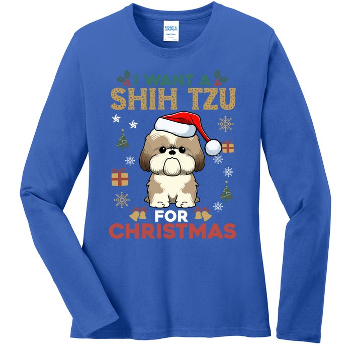 I Want A Shih Tzu For Christmas Cute Dog Lover Family Pajama Meaningful Gift Ladies Long Sleeve Shirt