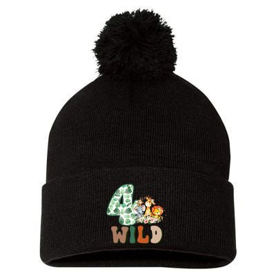 Im Wild And 4 Birthday Safari Jungle Zoo 4th Bday Fourth Gift Pom Pom 12in Knit Beanie
