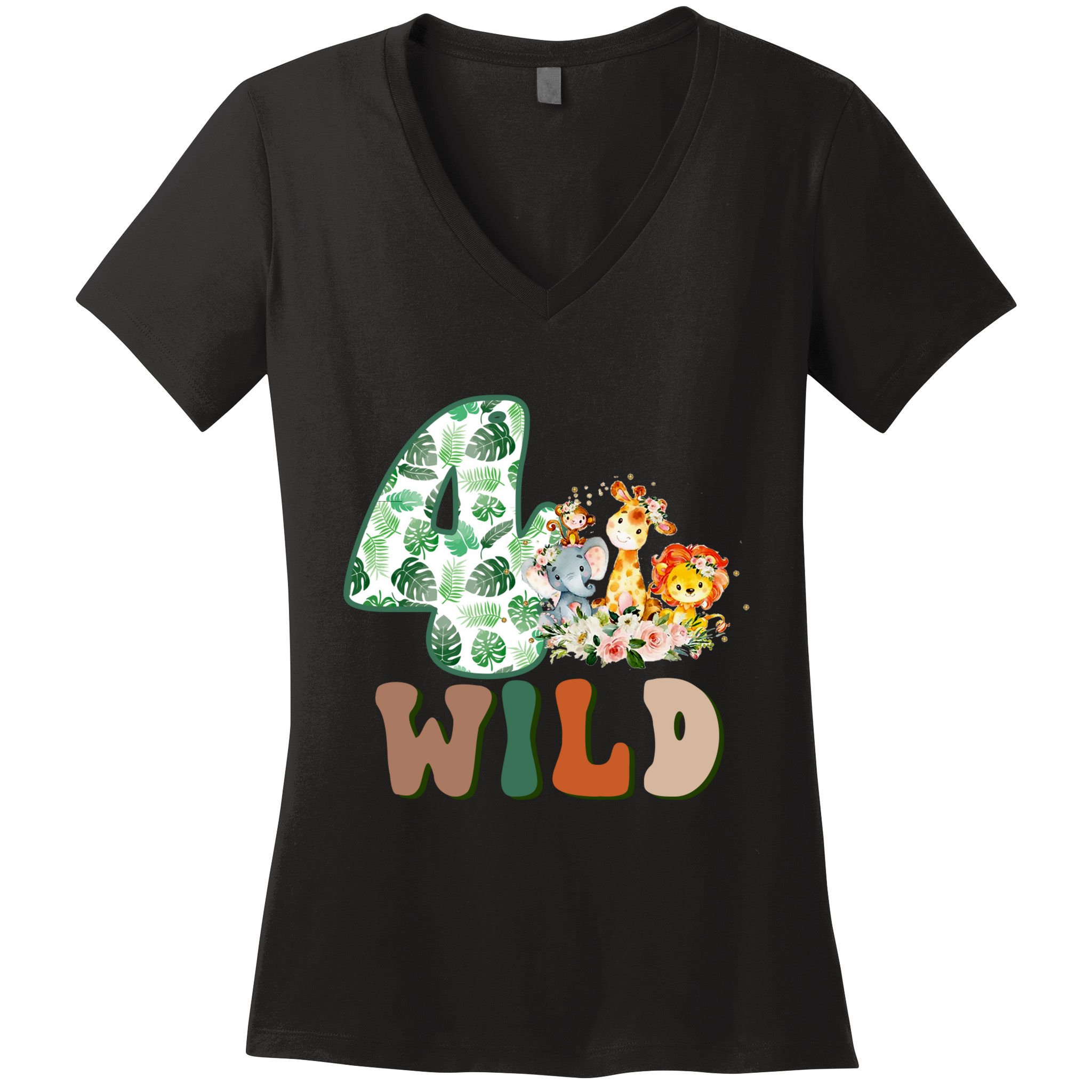 Im Wild And 4 Birthday Safari Jungle Zoo 4th Bday Fourth Gift Women's V-Neck T-Shirt