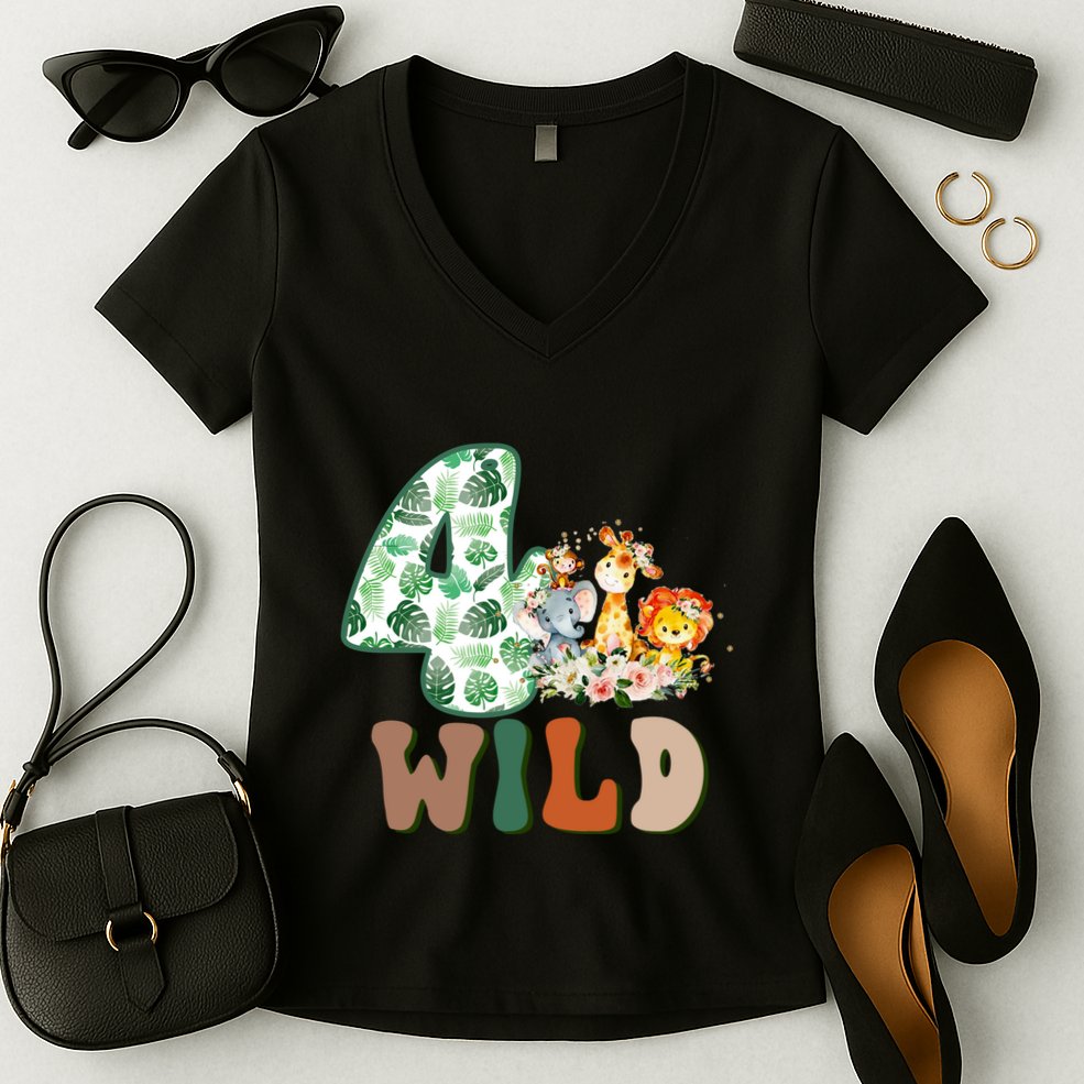 Im Wild And 4 Birthday Safari Jungle Zoo 4th Bday Fourth Gift Women's V-Neck T-Shirt