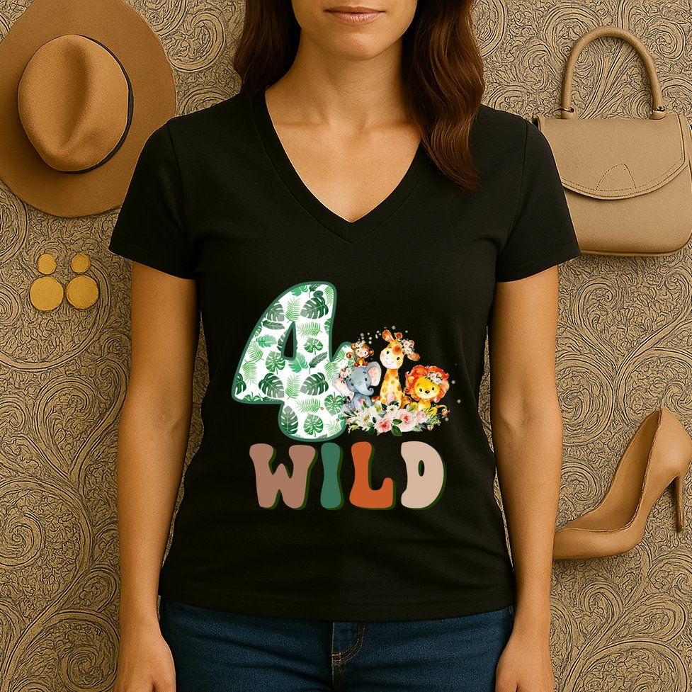Im Wild And 4 Birthday Safari Jungle Zoo 4th Bday Fourth Gift Women's V-Neck T-Shirt