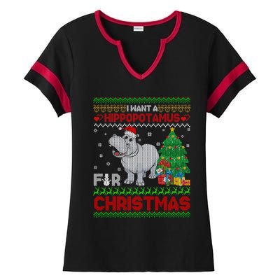 I Want A Hippopotamus For Christmas Hippo Pajamas Ugly Gift Ladies Halftime Notch Neck Tee