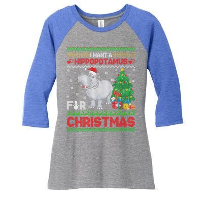 I Want A Hippopotamus For Christmas Hippo Pajamas Ugly Gift Women's Tri-Blend 3/4-Sleeve Raglan Shirt