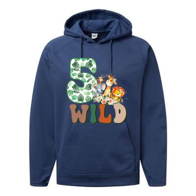 Im Wild And 5 Birthday Safari Jungle Zoo 5th Bday Fifth Gift Performance Fleece Hoodie