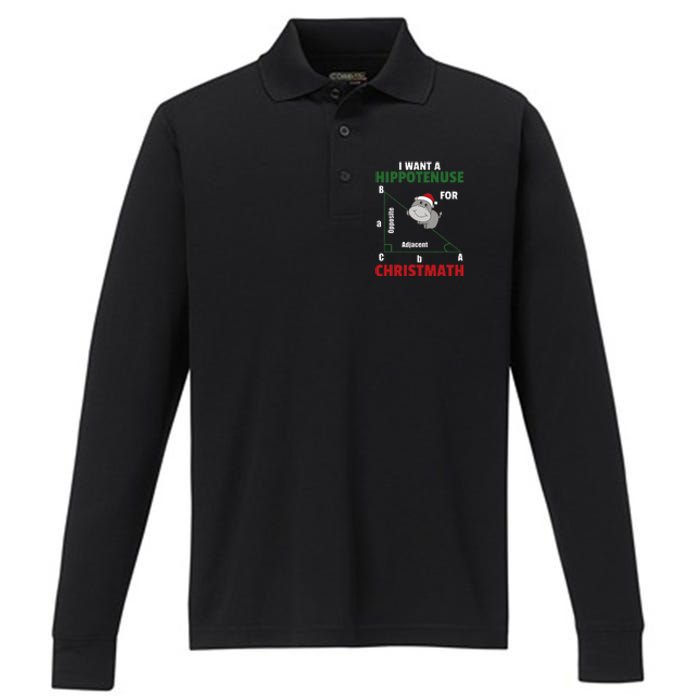 I Want A Hippotenuse For Christmas Cute Hippos Performance Long Sleeve Polo