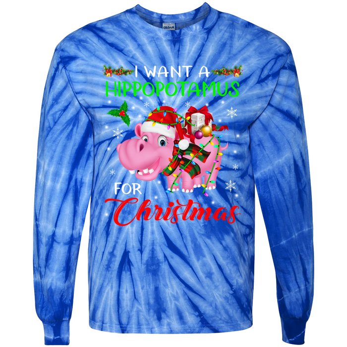 I Want A Hippopotamus For Christmas Xmas Lights Santa Hippo Cool Gift Tie-Dye Long Sleeve Shirt