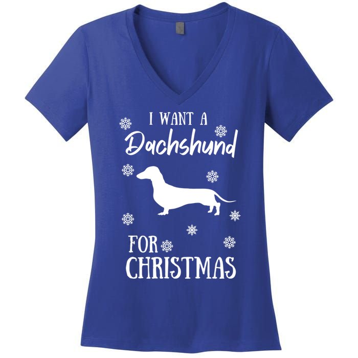 I Want A Dachshund For Christmas Weenie Dog Gift Women's V-Neck T-Shirt