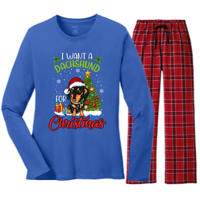 I Want A Dachshund For Christmas Xmas Hippo Cool Gift Women's Long Sleeve Flannel Pajama Set 