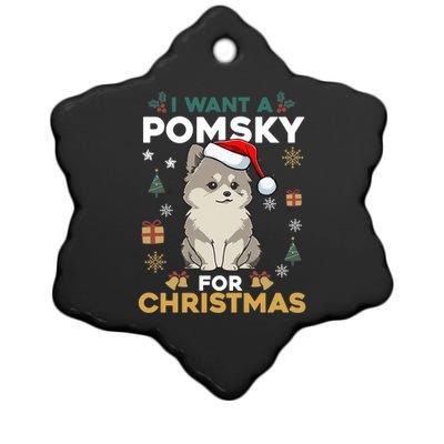 I Want A Pomsky For Christmas Cute Dog Lover Pajamas Family Gift Ceramic Star Ornament