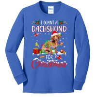 I Want A Dachshund For Christmas Xmas Lights Santa Dachshund Gift Kids Long Sleeve Shirt