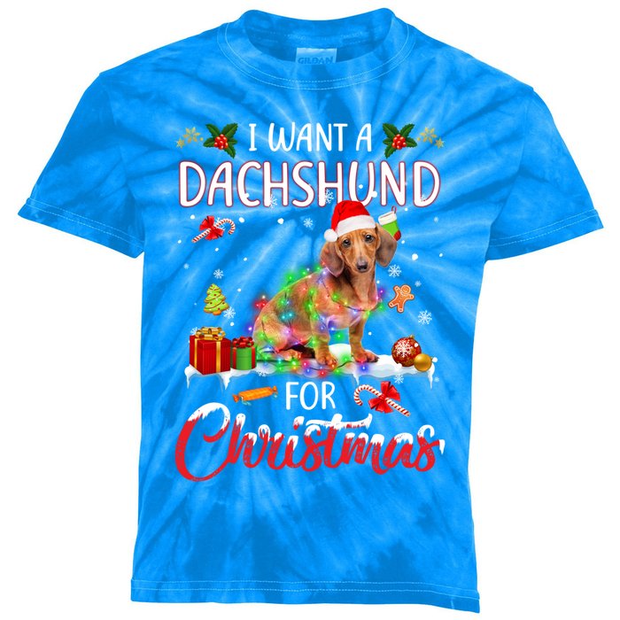 I Want A Dachshund For Christmas Xmas Lights Santa Dachshund Gift Kids Tie-Dye T-Shirt