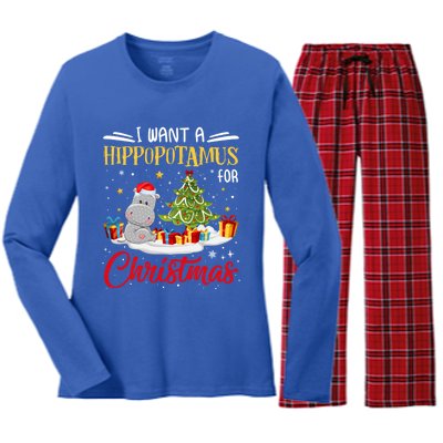 I Want A Hippopotamus For Christmas Xmas Hippo Christmas Gift Women's Long Sleeve Flannel Pajama Set 