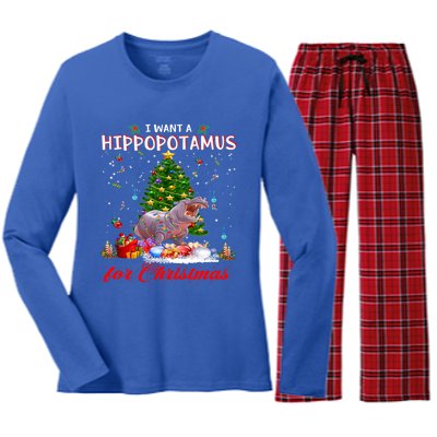 I Want A Hippopotamus For Christmas Xmas Hippo For Funny Gift Women's Long Sleeve Flannel Pajama Set 