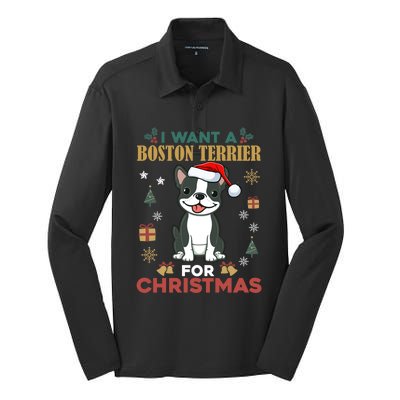 I Want A Boston Terrier For Christmas Cute Dog Lover Pajama Gift Silk Touch Performance Long Sleeve Polo