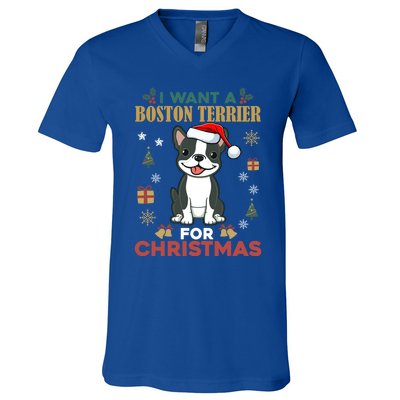 I Want A Boston Terrier For Christmas Cute Dog Lover Pajama Gift V-Neck T-Shirt