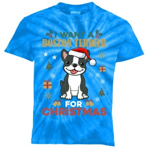 I Want A Boston Terrier For Christmas Cute Dog Lover Pajama Gift Kids Tie-Dye T-Shirt