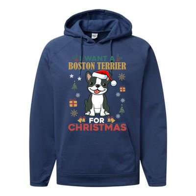 I Want A Boston Terrier For Christmas Cute Dog Lover Pajama Gift Performance Fleece Hoodie