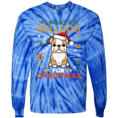 I Want A Bulldog For Christmas Cute Dog Lover Family Pajama Gift Tie-Dye Long Sleeve Shirt