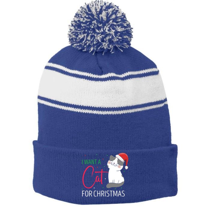 I Want A Cat For Christmas Cute Kitten Cat Lover Present Gift Stripe Pom Pom Beanie