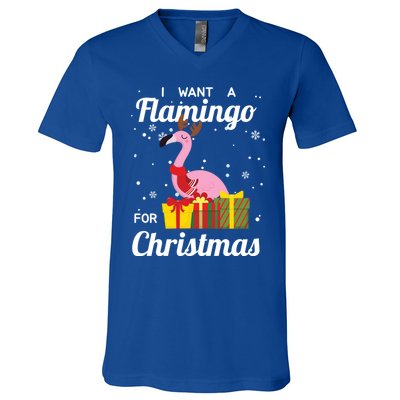 I Want A Flamingo For Christmas Funny Cute Holiday Gift V-Neck T-Shirt