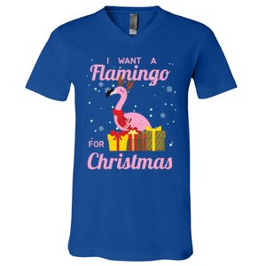 I Want A Flamingo For Christmas Funny Cute Holiday Cute Gift V-Neck T-Shirt