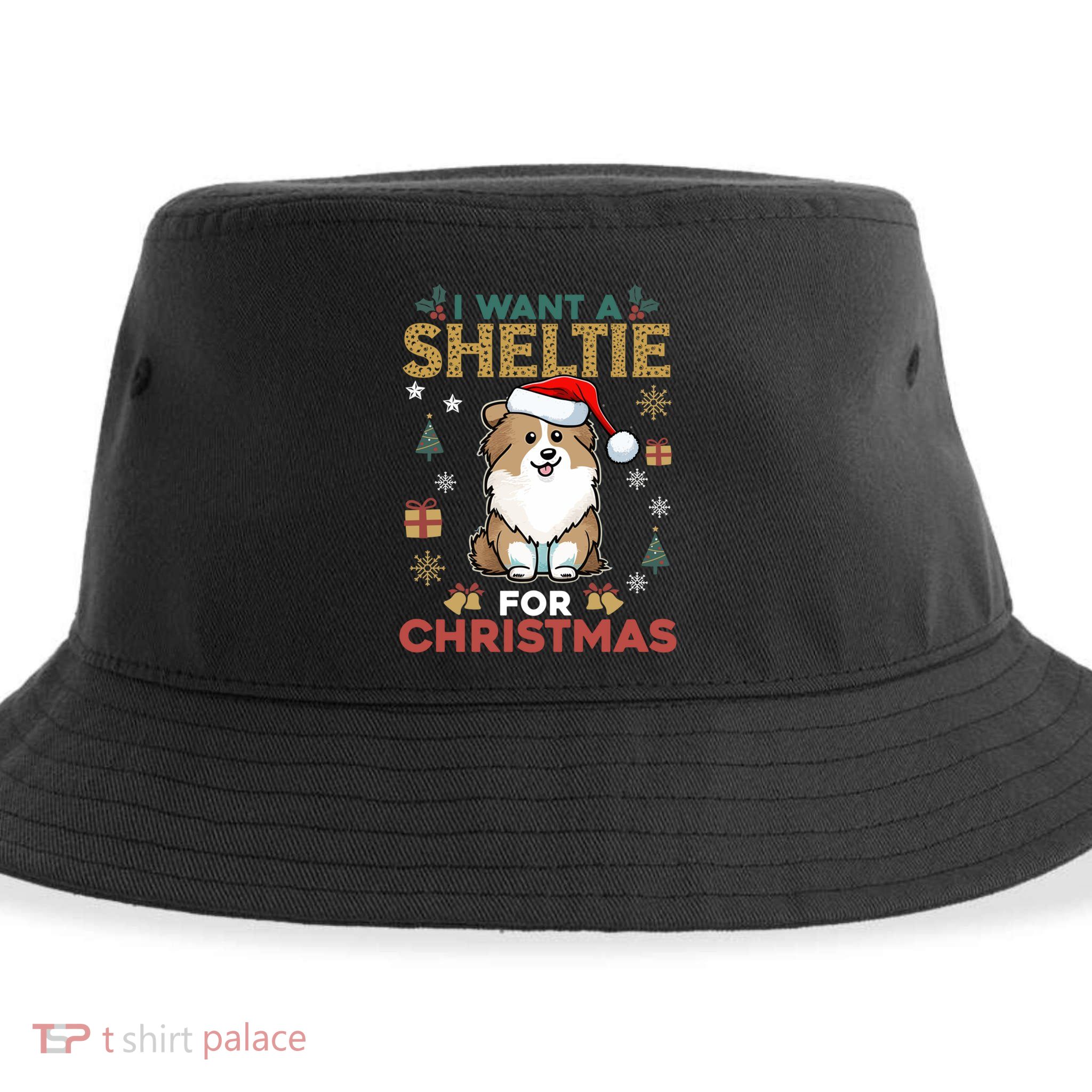 I Want A Sheltie For Christmas Cute Dog Lover Family Pajama Gift Sustainable Bucket Hat
