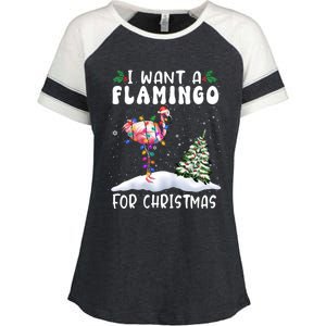 I Want A Flamingo For Christmas Santa Hat Funny Xmas Cute Gift Enza Ladies Jersey Colorblock Tee