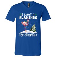 I Want A Flamingo For Christmas Santa Hat Funny Xmas Cute Gift V-Neck T-Shirt