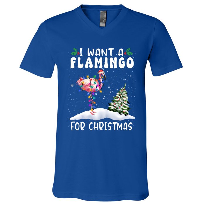 I Want A Flamingo For Christmas Santa Hat Funny Xmas Cute Gift V-Neck T-Shirt