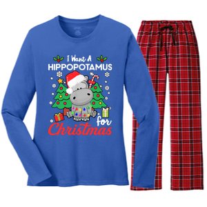 I Want A Hippopotamus For Christmas Funny Hippo Gift Women's Long Sleeve Flannel Pajama Set 