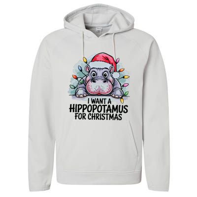 I Want A Hippopotamus For Christmas Hippo Christmas Lights Performance Fleece Hoodie