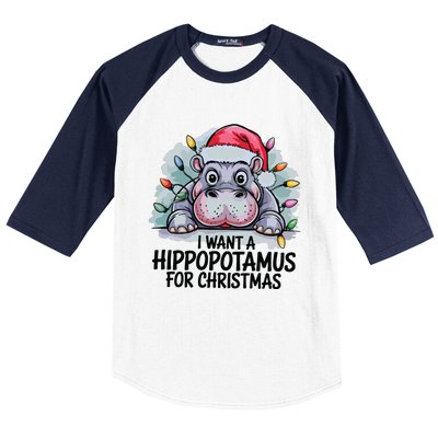 I Want A Hippopotamus For Christmas Hippo Christmas Lights Baseball Sleeve Shirt