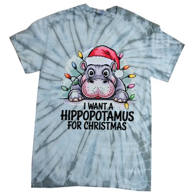 I Want A Hippopotamus For Christmas Hippo Christmas Lights Tie-Dye T-Shirt