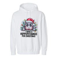 I Want A Hippopotamus For Christmas Hippo Christmas Lights Garment-Dyed Fleece Hoodie