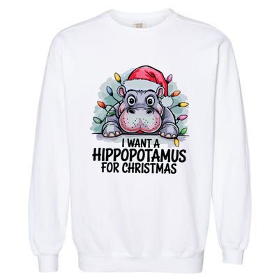 I Want A Hippopotamus For Christmas Hippo Christmas Lights Garment-Dyed Sweatshirt