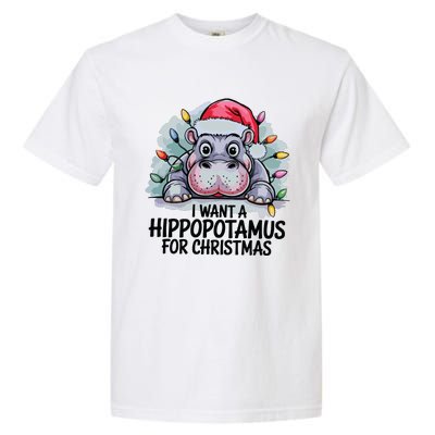 I Want A Hippopotamus For Christmas Hippo Christmas Lights Garment-Dyed Heavyweight T-Shirt