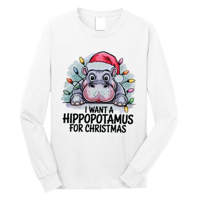 I Want A Hippopotamus For Christmas Hippo Christmas Lights Long Sleeve Shirt