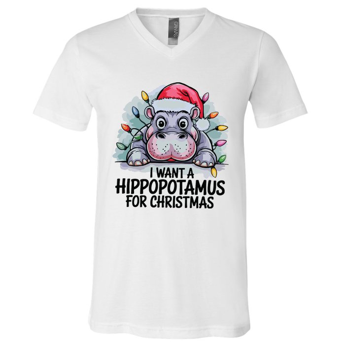 I Want A Hippopotamus For Christmas Hippo Christmas Lights V-Neck T-Shirt