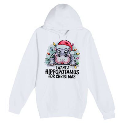 I Want A Hippopotamus For Christmas Hippo Christmas Lights Premium Pullover Hoodie