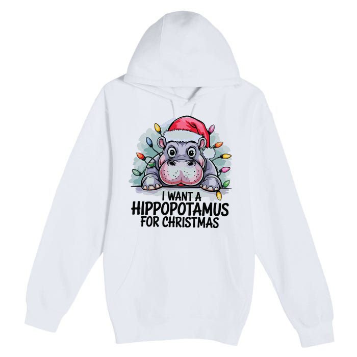 I Want A Hippopotamus For Christmas Hippo Christmas Lights Premium Pullover Hoodie