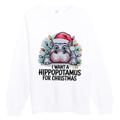 I Want A Hippopotamus For Christmas Hippo Christmas Lights Premium Crewneck Sweatshirt