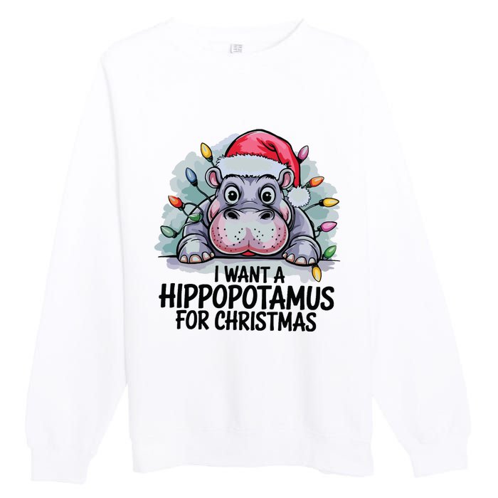 I Want A Hippopotamus For Christmas Hippo Christmas Lights Premium Crewneck Sweatshirt