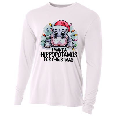 I Want A Hippopotamus For Christmas Hippo Christmas Lights Cooling Performance Long Sleeve Crew