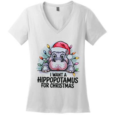 I Want A Hippopotamus For Christmas Hippo Christmas Lights Women's V-Neck T-Shirt